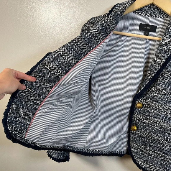 J. Crew Lady Jacket Blazer Size 2 Blue Tweed Fringe Trim Preppy Work Career - Picture 10 of 14